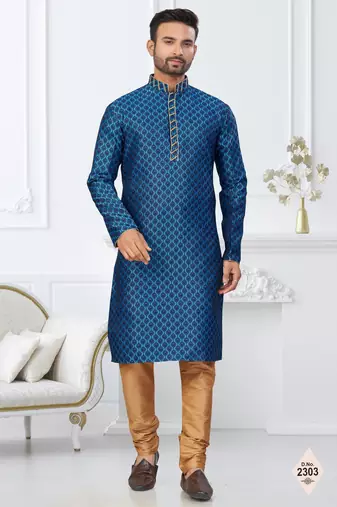 Blue faux banarasi embroidered kurta pajama and nehru jacket