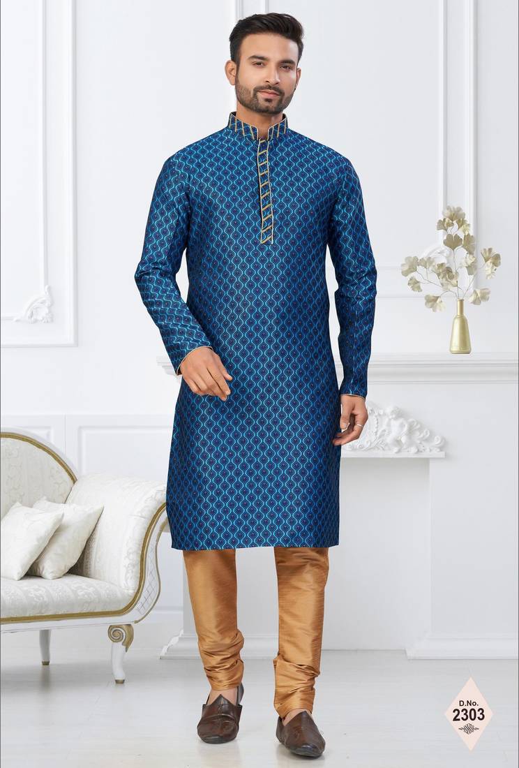 Blue faux banarasi embroidered kurta pajama and nehru jacket