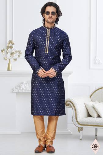 Blue faux banarasi embroidered kurta pajama and nehru jacket