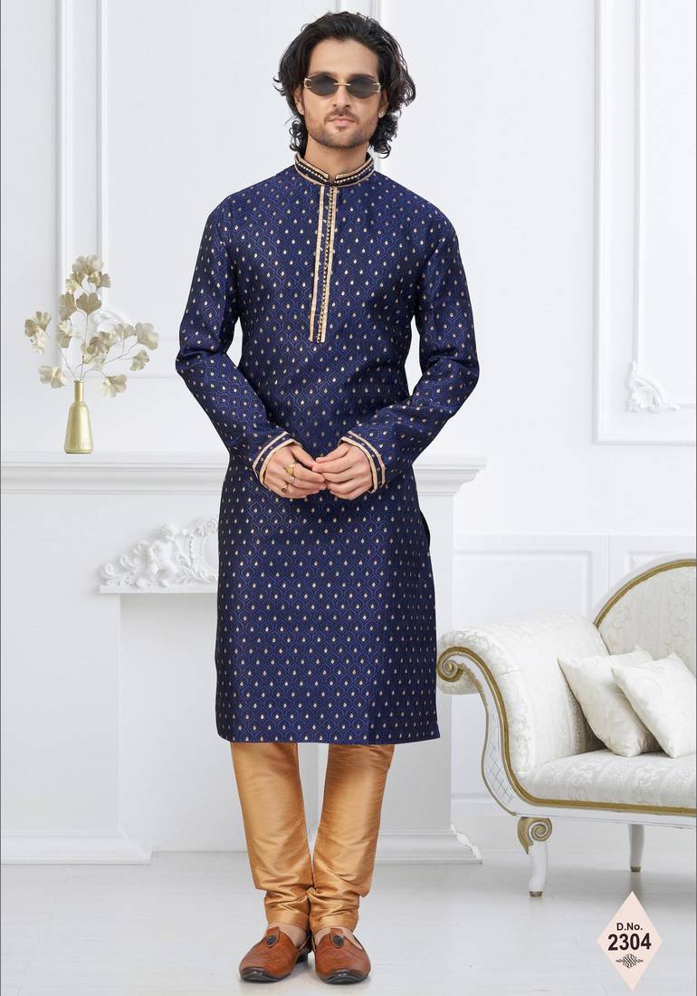 Blue faux banarasi embroidered kurta pajama and nehru jacket