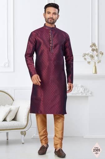 Maroon faux banarasi embroidered kurta pajama and nehru jacket