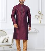 Maroon faux banarasi embroidered kurta pajama