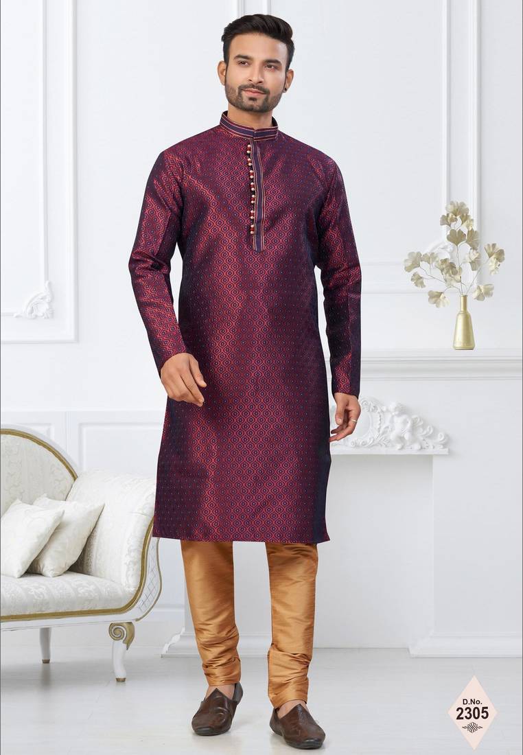 Maroon faux banarasi embroidered kurta pajama and nehru jacket