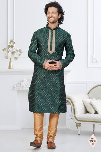 Green faux banarasi embroidered kurta pajama