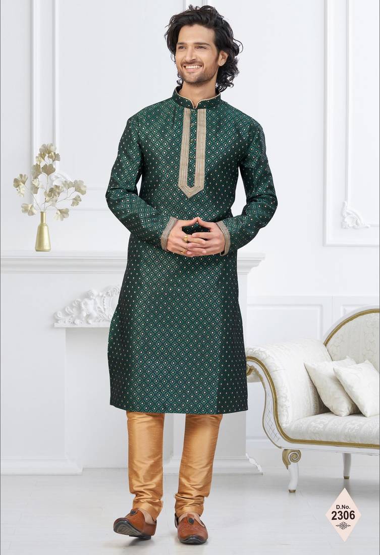 Green faux banarasi embroidered kurta pajama and nehru jacket