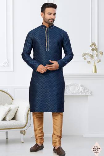 Blue faux banarasi embroidered kurta pajama and nehru jacket