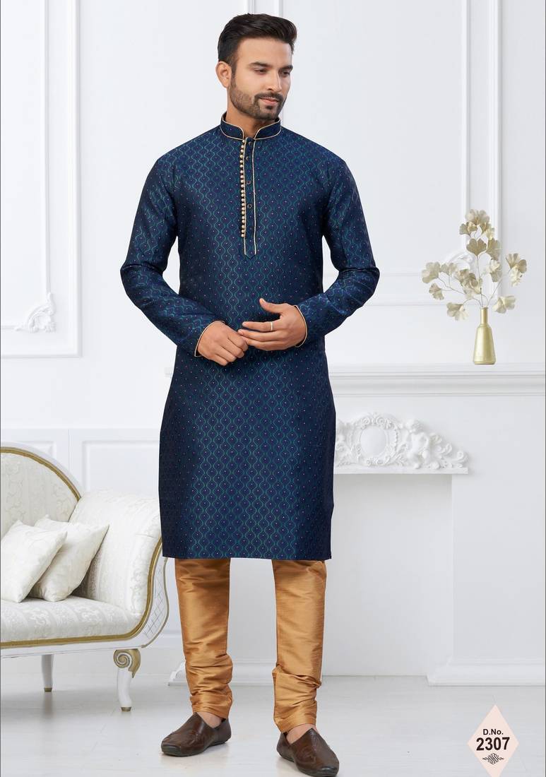 Blue faux banarasi embroidered kurta pajama and nehru jacket