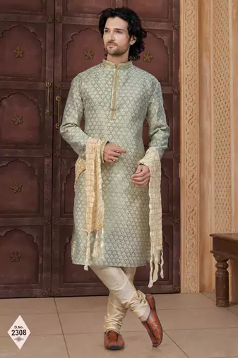Green faux banarasi embroidered kurta pajama