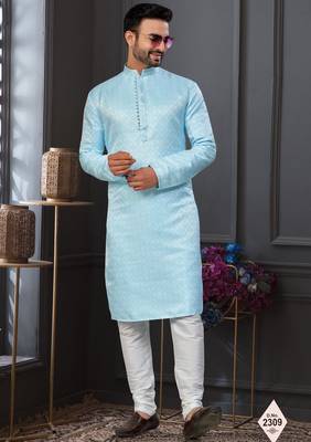 Blue faux jacquard embroidered kurta pajama 1