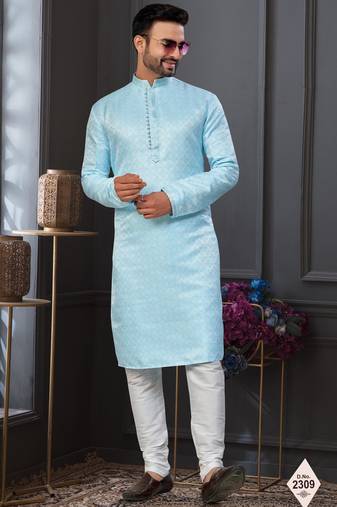 Blue faux jacquard embroidered kurta pajama and nehru jacket