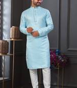 Blue faux jacquard embroidered kurta pajama