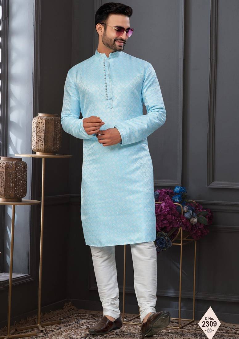 Blue faux jacquard embroidered kurta pajama and nehru jacket