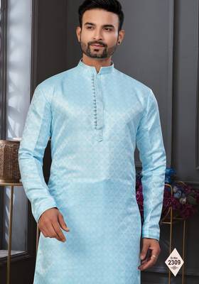 Blue faux jacquard embroidered kurta pajama 2