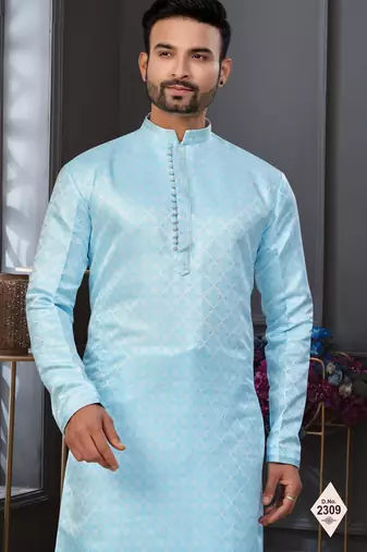 Blue faux jacquard embroidered kurta pajama