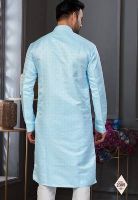 Blue faux jacquard embroidered kurta pajama 3