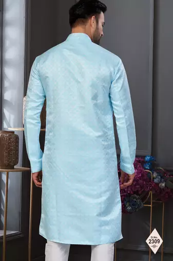 Blue faux jacquard embroidered kurta pajama