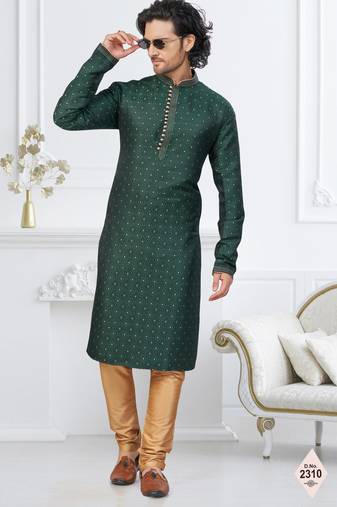 Green faux banarasi embroidered kurta pajama and nehru jacket