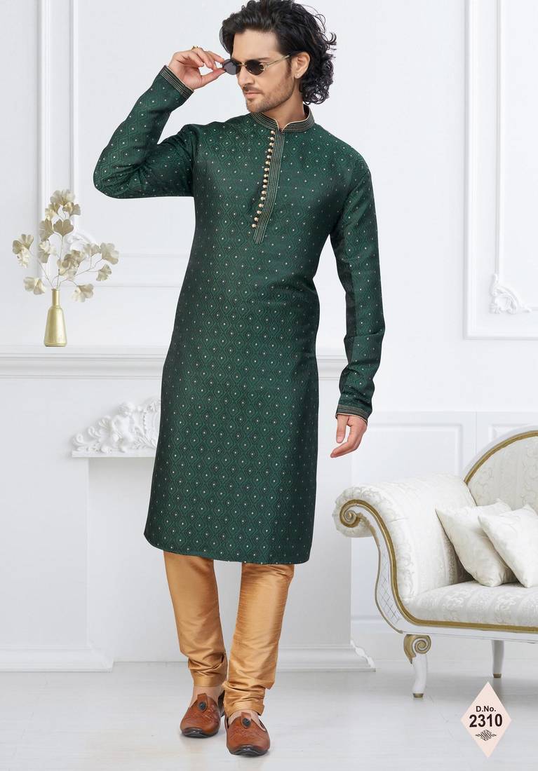 Green faux banarasi embroidered kurta pajama and nehru jacket