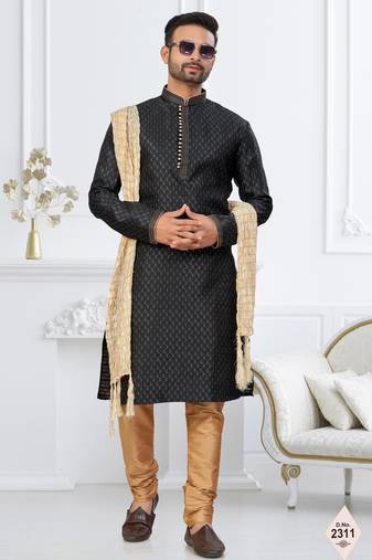 Black faux banarasi embroidered kurta pajama and nehru jacket