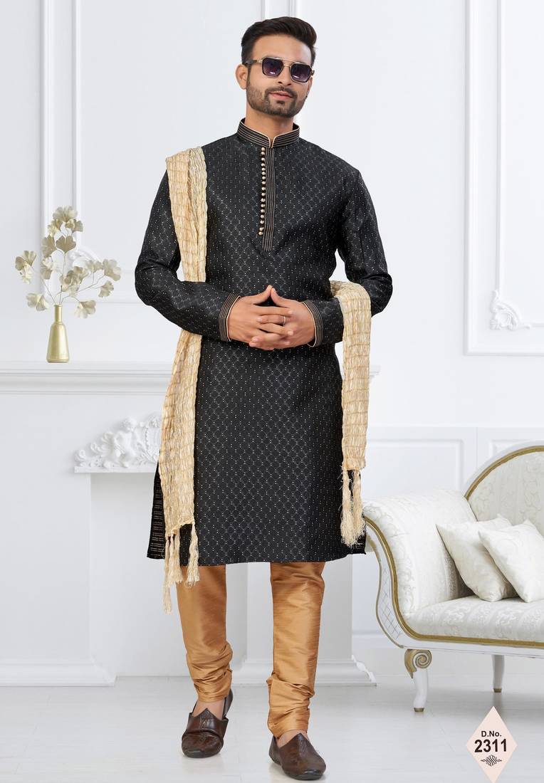 Black faux banarasi embroidered kurta pajama and nehru jacket