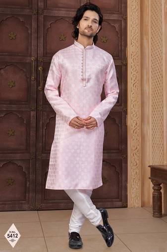 Pink faux jacquard embroidered kurta pajama and nehru jacket