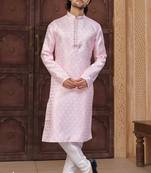Pink faux jacquard embroidered kurta pajama