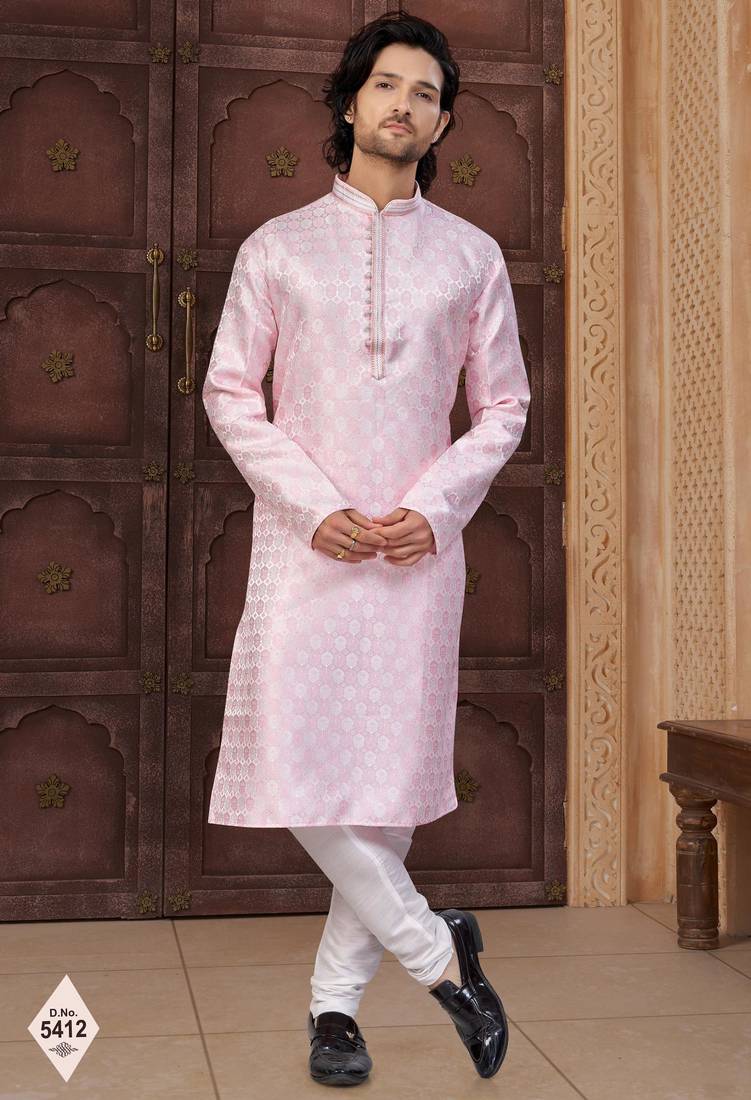 Pink faux jacquard embroidered kurta pajama and nehru jacket
