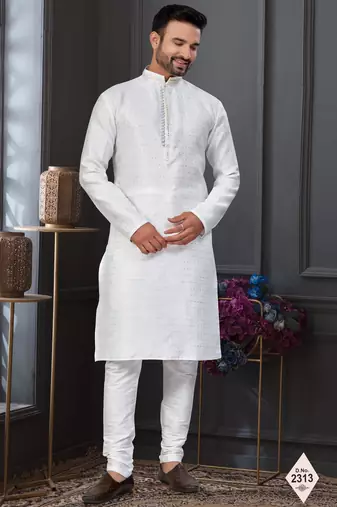 White faux banarasi embroidered kurta pajama