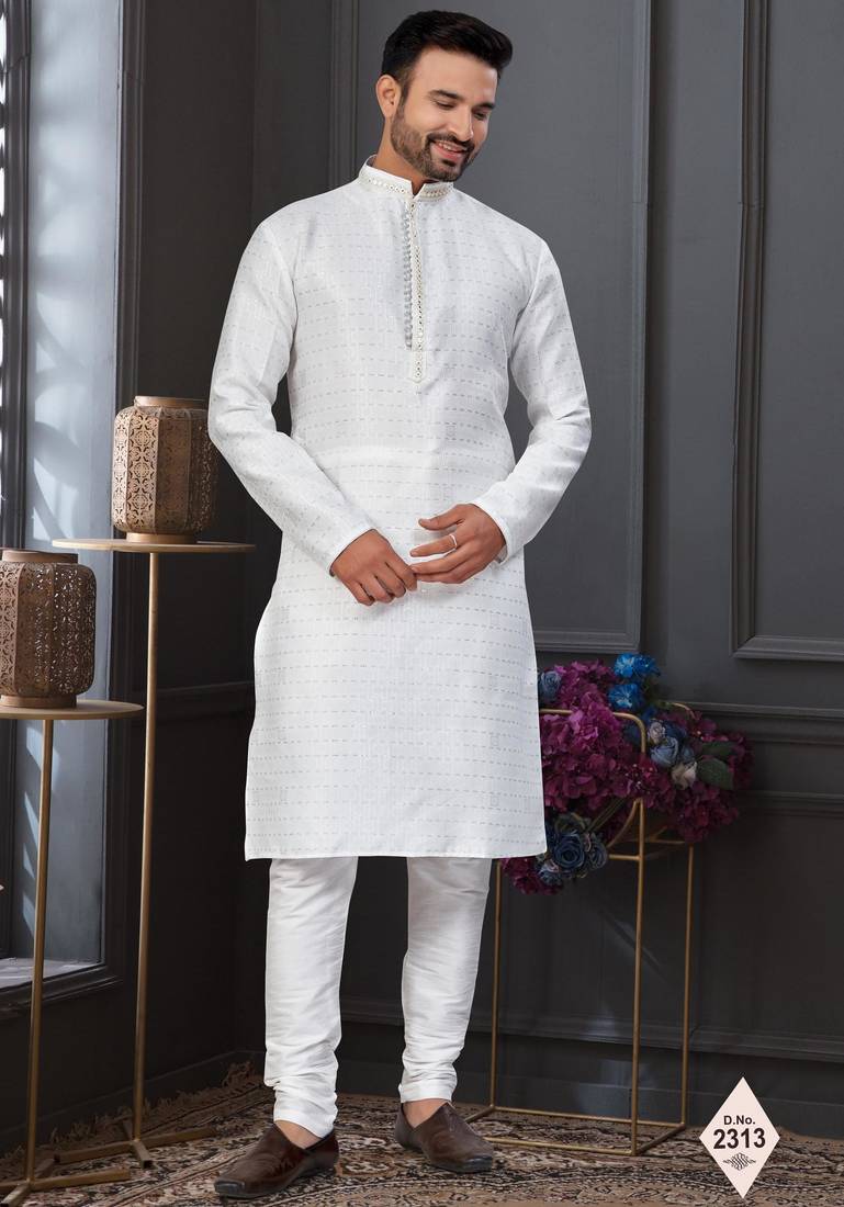 White faux banarasi embroidered kurta pajama and nehru jacket