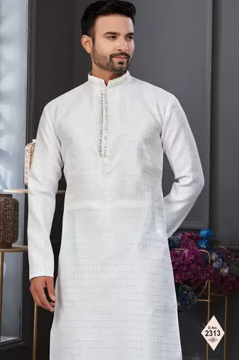 White faux banarasi embroidered kurta pajama