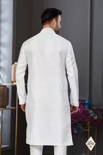 White faux banarasi embroidered kurta pajama