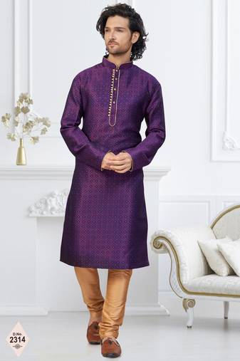 Purple faux banarasi embroidered kurta pajama and nehru jacket