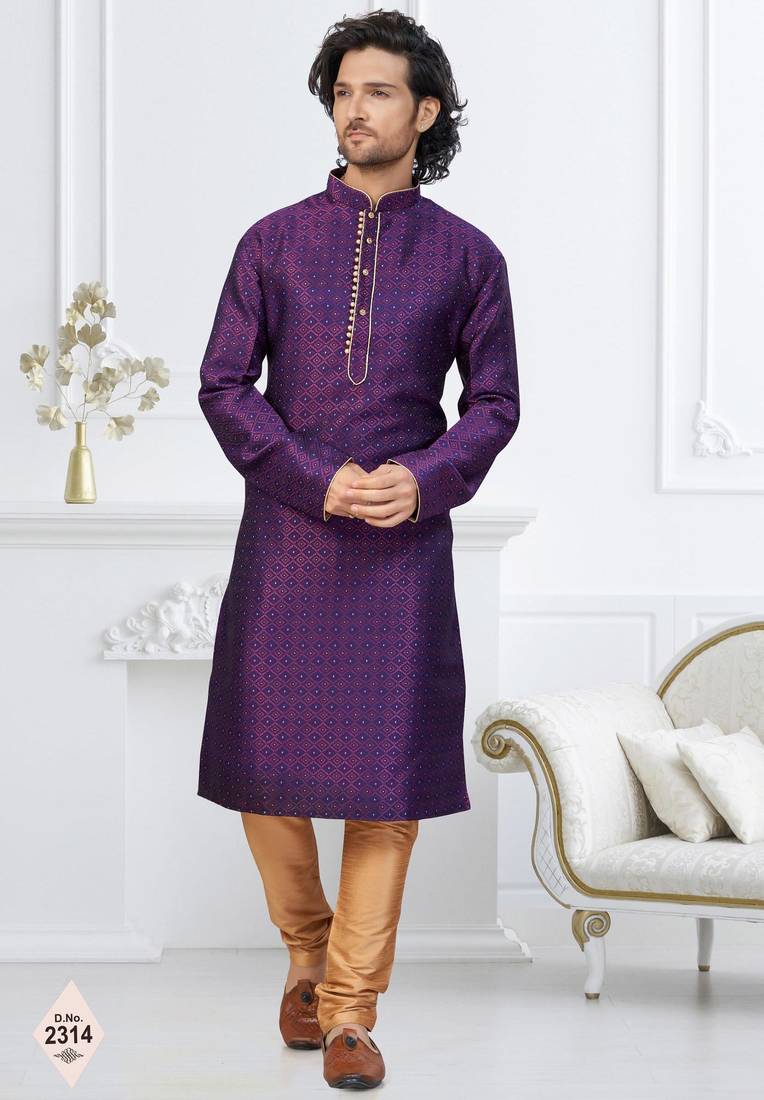 Purple faux banarasi embroidered kurta pajama and nehru jacket