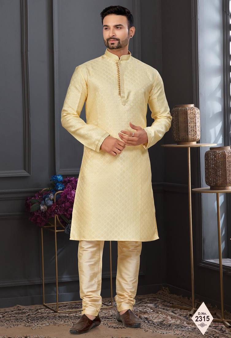 Gold faux banarasi embroidered kurta pajama and nehru jacket