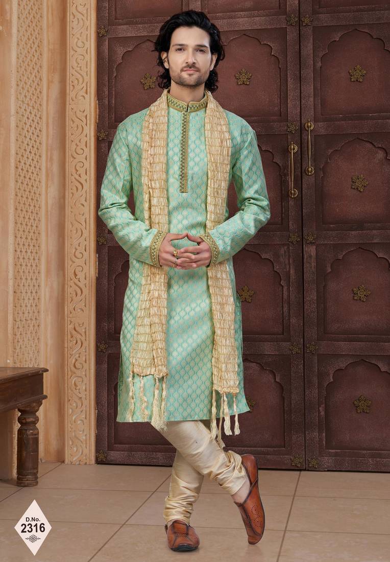 Green faux banarasi embroidered kurta pajama and nehru jacket