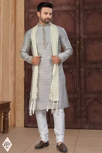 Grey faux banarasi embroidered kurta pajama