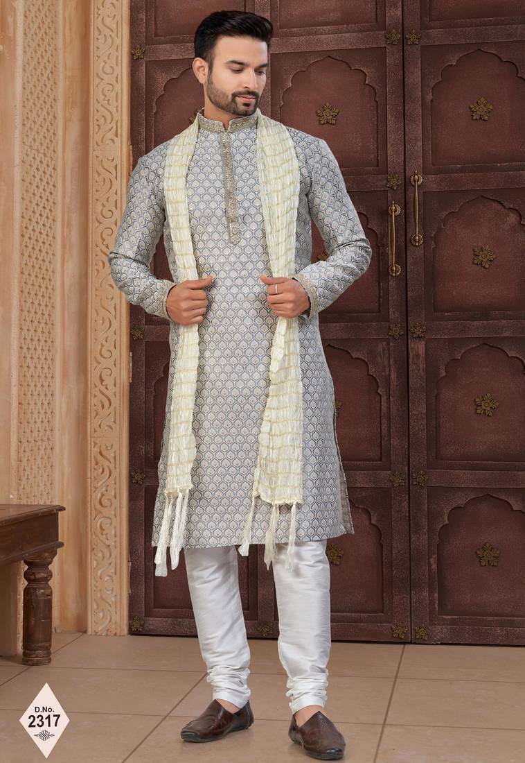Grey faux banarasi embroidered kurta pajama and nehru jacket