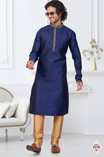 Blue faux banarasi embroidered kurta pajama and nehru jacket