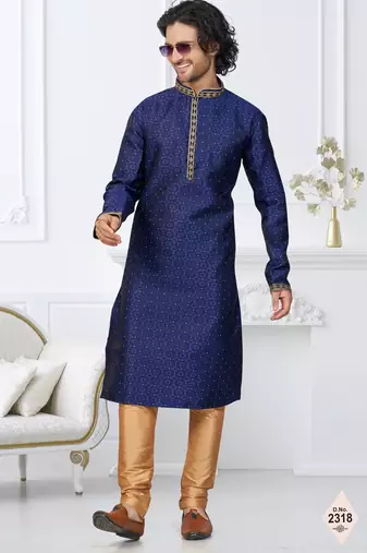 Blue faux banarasi embroidered kurta pajama and nehru jacket