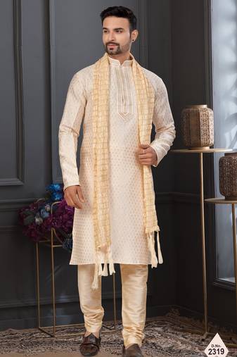 Fawn faux banarasi embroidered kurta pajama and nehru jacket