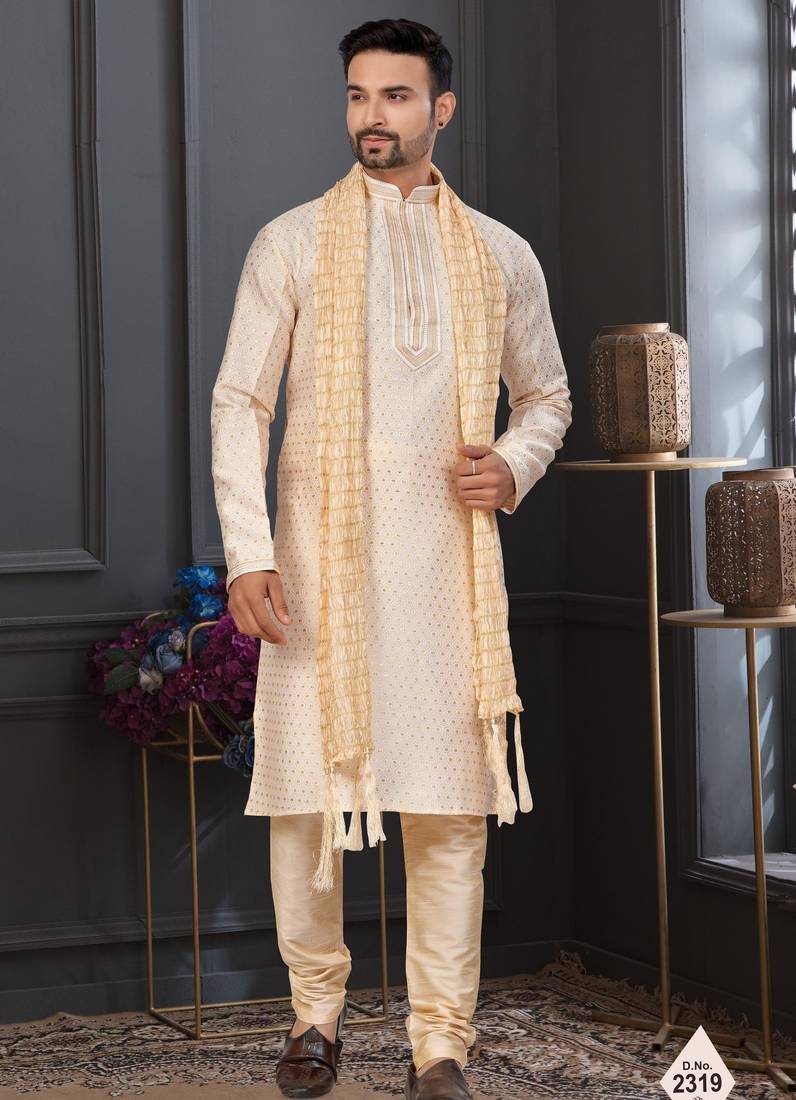 Fawn faux banarasi embroidered kurta pajama and nehru jacket