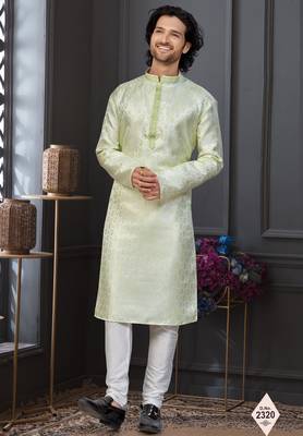 Green faux jacquard embroidered kurta pajama 1