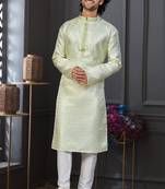 Green faux jacquard embroidered kurta pajama