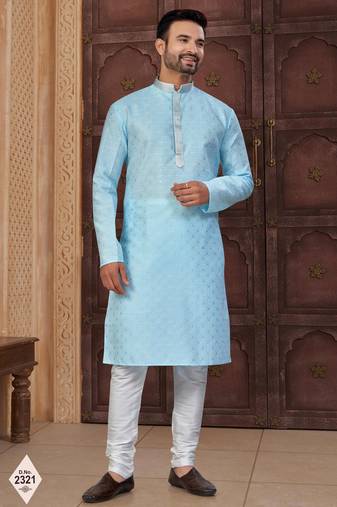 Blue faux banarasi embroidered kurta pajama and nehru jacket