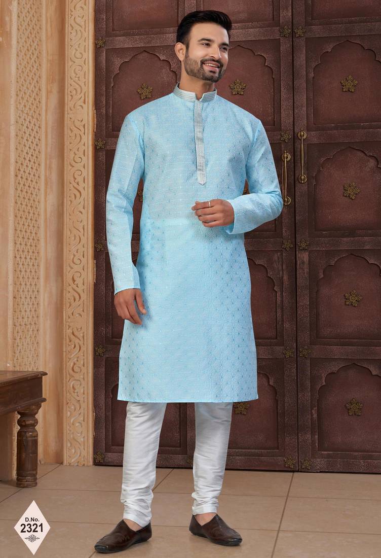 Blue faux banarasi embroidered kurta pajama and nehru jacket