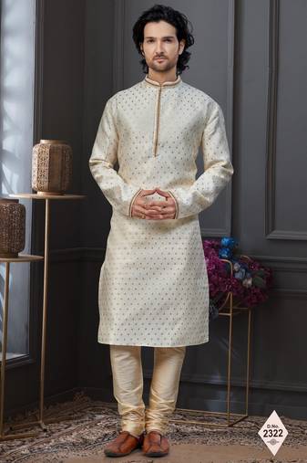 Fawn faux banarasi embroidered kurta pajama and nehru jacket