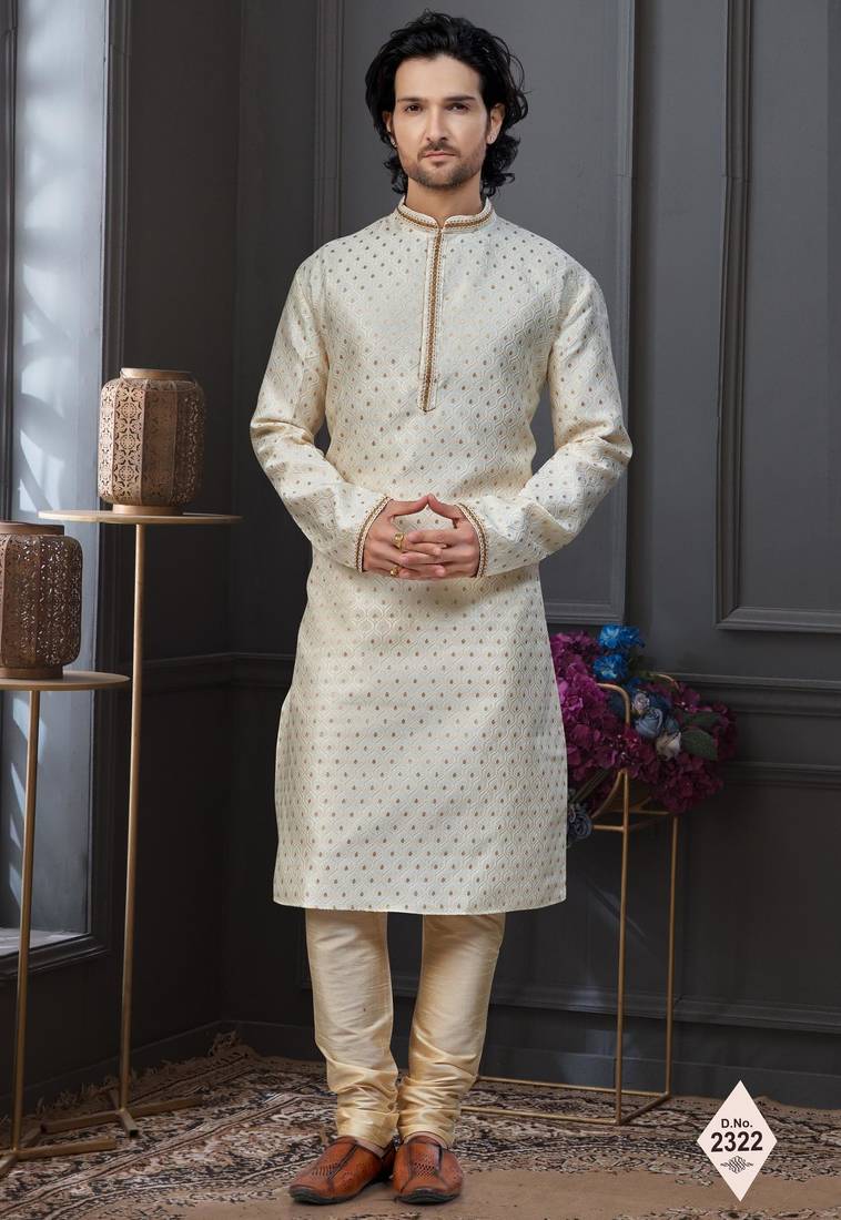 Fawn faux banarasi embroidered kurta pajama and nehru jacket