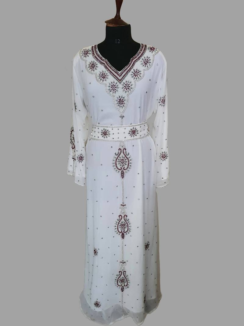 Off-White color luxurious Handmade Moroccan Kaftan with hijjab