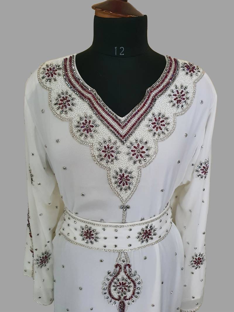 Off-White color luxurious Handmade Moroccan Kaftan with hijjab