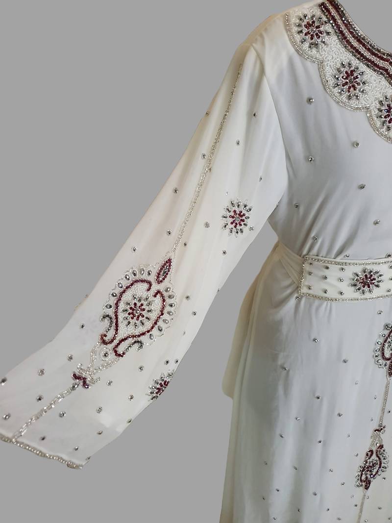 Off-White color luxurious Handmade Moroccan Kaftan with hijjab